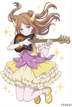 1girl ai-assisted artist_logo bang_dream! bang_dream!_it's_mygo!!!!! bass_guitar blue_eyes bobby_socks brown_hair clelo678 double_bun dress full_body hair_bun hair_ornament highres holding holding_bass_guitar holding_instrument instrument layered_dress logo long_hair magical_girl mary_janes nagasaki_soyo official_alternate_costume puffy_dress puffy_short_sleeves puffy_sleeves purple_dress shoes short_sleeves shorts simple_background socks solo sparkle star_(symbol) star_hair_ornament white_background white_wrist_cuffs wing_hair_ornament wrist_cuffs yellow_dress yellow_shorts