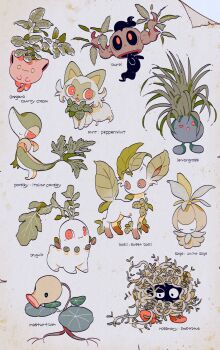 :&lt; basil_leaf bellsprout black_eyes bright_pupils chikorita closed_eyes closed_mouth gen_1_pokemon gen_2_pokemon gen_4_pokemon gen_5_pokemon gen_6_pokemon highres hoppip leafeon nasturtium nintendo no_humans oddish oharu-chan orange_eyes parsley peppermint petilil phantump plant pokemon pokemon_(creature) rosemary_(herb) snivy sprigatito tangela u_u vines white_pupils yellow_eyes