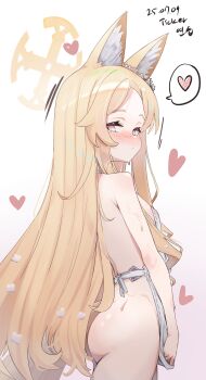 1girl animal_ears apron ass blonde_hair blue_archive blush breasts dated fox_ears fox_tail halo heart highres long_hair looking_at_viewer looking_back multicolored_eyes naked_apron pink_eyes seia_(blue_archive) signature simple_background small_breasts solo spoken_heart standing tail ticker_(kks2ksy) two-tone_eyes very_long_hair white_background yellow_eyes yellow_halo