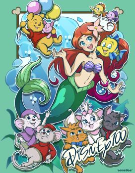 ame_(tameste) anniversary ariel_(disney) baby_animal balloon berlioz_(disney) bernard_(disney) blue_bow blue_eyes bow cat disney disney_princess fish flounder_(the_little_mermaid) flower hair_flower hair_ornament hat highres holding holding_balloon kitten marie_(the_aristocats) mermaid miss_bianca monster_girl mouse_(animal) open_mouth piglet_(winnie_the_pooh) pink_bow pink_flower pooh red_hair smile the_aristocats the_rescuers toulouse_(disney) winnie_the_pooh