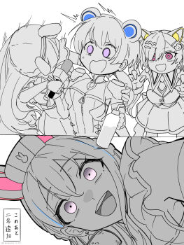 Rule 34 | 3girls, animal ears, bang dream!, bang dream! mugendai mewtype, bottle, commentary, fake animal ears, grey eyes, greyscale, hair between eyes, hair ornament, hairclip, hat, highres, holding, holding microphone, long hair, looking at viewer, microphone, minetsuki ritsu, miyanaga nonoka, monochrome, multiple girls, nagomu 7 56, nakamachi arale, nurse cap, open mouth, purple eyes, rabbit ears, short hair, skirt, spot color, teeth, translation request, twintails, upper teeth only, virtual youtuber