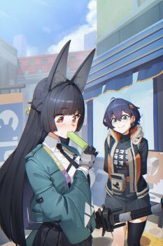 2girls absurdres animal_ears aqua_eyes arms_behind_back belle_(zenless_zone_zero) black_hair black_necktie blue_hair blue_jacket blue_sky blush braid commentary english_commentary food food_in_mouth fox_ears fox_girl gloves hair_between_eyes highres holding holding_sword holding_weapon hoshimi_miyabi jacket katana long_hair melona multiple_girls necktie pleated_skirt popsicle popsicle_in_mouth red_eyes road roro_(tpghksdlzpq) short_hair skirt sky smile street sword weapon zenless_zone_zero