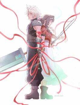 1boy 1girl aerith_gainsborough armor armored_gloves back-to-back baggy_pants bandaged_arm bandages bangle belt black_pants blonde_hair blue_shirt boots bracelet braid braided_ponytail breasts brown_belt brown_boots brown_hair buster_sword closed_eyes cloud_strife couple cropped_jacket dress earrings final_fantasy final_fantasy_vii final_fantasy_vii_rebirth final_fantasy_vii_remake full_body hair_ribbon hetero highres holding holding_hands holding_staff holding_sword holding_weapon interlocked_fingers jacket jewelry long_dress long_hair materia medium_breasts multiple_belts pants parted_bangs pauldrons pink_dress pink_ribbon red_jacket red_ribbon ribbon shirt short_hair shoulder_armor sidelocks single_braid single_earring single_pauldron sleeveless sleeveless_turtleneck softp3ach spiked_hair staff string string_of_fate suspenders sword turtleneck twitter_username weapon white_background