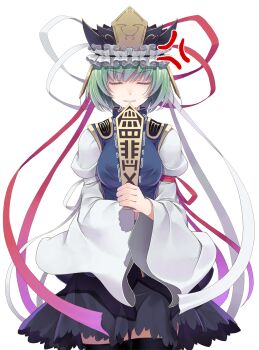 1girl anger_vein angry armband black_hat black_skirt black_thighhighs blue_vest bow breasts closed_eyes commentary_request crote epaulettes frilled_hat frills garter_belt green_hair hat highres holding holding_baton long_sleeves looking_at_viewer medium_breasts parted_lips red_bow ribbon rod_of_remorse shiki_eiki shirt short_hair skirt sleeve_bow smile solo tachi-e thighhighs touhou transparent_background trembling vest white_bow white_shirt wide_sleeves