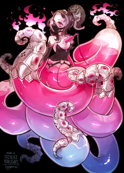 1girl black_background black_hair black_shirt colored_skin commentary_request fire full_body highres hogara horns long_hair looking_to_the_side mask mechanical_tentacles monster_girl original pink_eyes pink_fire ponytail respirator scylla see-through_body shirt solo tentacle_hair white_skin