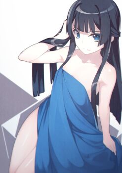 Rule 34 | 1girl, bare shoulders, black hair, blue dress, blue eyes, closed mouth, dress, hand in own hair, hand up, idolmaster, idolmaster million live!, kanteraya, long hair, looking at viewer, mogami shizuka, serious, sitting, solo, strapless, strapless dress, thighs