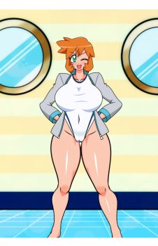 1girl ;d absurdres bare_legs barefoot breasts cameltoe competition_swimsuit covered_navel curvy feet full_body gluteal_fold green_eyes groin hands_on_own_hips hayakawakenn highleg highres huge_breasts jacket large_breasts legs looking_at_viewer mirror misty_(pokemon) navel nintendo one-piece_swimsuit one_eye_closed open_clothes open_jacket open_mouth orange_hair pokemon pokemon_hgss shiny_skin short_hair smile solo standing swimsuit thick_thighs thighs white_one-piece_swimsuit wide_hips wink