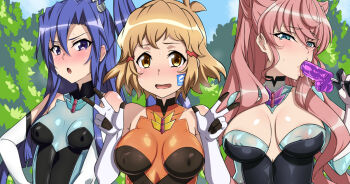 3girls aqua_leotard black_leotard blue_eyes blue_hair blush breasts brown_eyes brown_hair candy chest_tattoo corruption covered_erect_nipples double_v elbow_gloves food gloves gozaru holding holding_candy holding_food holding_lollipop kazanari_tsubasa leotard lollipop long_hair looking_at_viewer maria_cadenzavna_eve medium_breasts medium_hair multicolored_leotard multiple_girls orange_leotard penis-shaped_food pink_hair purple_eyes saliva saliva_trail senki_zesshou_symphogear sexually_suggestive small_breasts sticker sticker_on_face sweat tachibana_hibiki_(symphogear) tattoo two-tone_leotard undersuit upper_body v variant_set very_long_hair white_gloves