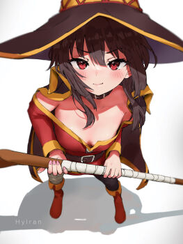 >:) 1girl absurdres artist_name bandaged_leg bandages bare_shoulders belt black_cape black_choker black_hat black_thighhighs blurry blush boots breasts breath brown_hair cape choker collarbone commentary depth_of_field downblouse dress drop_shadow eyelashes foreshortening from_above full_body gradient_background hat highres holding holding_staff hylran0427 knee_boots kono_subarashii_sekai_ni_shukufuku_wo! light_smile long_sleeves looking_at_viewer looking_up medium_hair megumin mole mole_on_breast off-shoulder_dress off_shoulder orange_boots perspective pink_nails red_boots red_dress red_eyes revision short_dress short_hair short_hair_with_long_locks sidelocks simple_background single_thighhigh small_breasts smile smug solo staff standing thighhighs two-handed v-shaped_eyebrows white_background witch_hat