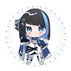 Rule 34 | 1girl, absurdres, black gloves, black hair, blue bow, blue bowtie, blue eyes, blue hair, blush, bow, bowtie, cape, chibi, closed mouth, colored inner hair, commentary request, full body, gloves, gunzyo roman, hair bow, hair ornament, heart, heart hair ornament, highres, jacket, kashikaze, looking at viewer, medium hair, multicolored hair, simple background, solo, sparkle hair ornament, streaked hair, uniraid, virtual youtuber, white background, white cape, white jacket