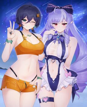 2girls ahoge animal_print bare_shoulders belle_(summer_skies)_(zenless_zone_zero) belle_(zenless_zone_zero) bikini black_nails blue_hair blush bow bowtie bracelet breasts butterfly_print closed_mouth clothing_cutout collarbone commentary crossed_bangs doiparuni drill_hair drill_sidelocks earrings english_commentary frilled_one-piece_swimsuit frilled_wrist_cuffs frills green_eyes grin hair_between_eyes hair_ornament heart_cutout highres jewelry letter_hair_ornament long_hair looking_at_viewer medium_breasts midriff multiple_girls navel official_alternate_costume one-piece_swimsuit one_eye_closed orange_bikini orange_shorts pointy_ears purple_bow purple_bowtie purple_hair red_eyes short_hair shorts sidelocks sky smile sphere_hair_ornament star_(sky) starry_sky stomach_cutout swimsuit thigh_strap two-tone_one-piece_swimsuit v vivian_banshee vivian_banshee_(iris_of_the_shore) white_one-piece_swimsuit wrist_cuffs zenless_zone_zero