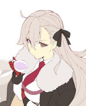 1girl :t ahoge arm_under_breasts black_coat black_ribbon black_wrist_cuffs braid breasts coat coat_on_shoulders collared_shirt crossed_bangs cup fate/grand_order fate_(series) from_above from_side fur-trimmed_coat fur_trim gloves grey_hair hair_between_eyes hair_ribbon holding holding_cup hot_drink large_breasts long_hair long_sleeves looking_at_viewer necktie no_horns olga_marie_animusphere olga_marie_animusphere_(unbeast) purple_liquid red_gloves red_necktie ribbon shirt side_braid simple_background single_braid solo teacup tsukudani_(ore624) unfinished v-shaped_eyebrows very_long_hair white_background white_shirt wrist_cuffs yellow_eyes