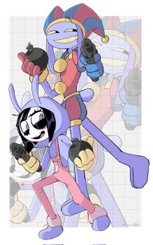 1boy 1girl :d aiming aiming_at_viewer animal_hood asymmetrical_gloves bare_legs barefoot black_eyes black_hair blue_bodysuit blue_eyes blue_gloves blue_hat bob_cut bodysuit bomb border buttons center-flap_bangs collared_bodysuit colored_sclera colored_skin colored_teeth commentary corrupted_twitter_file cosplay costume_switch ears_down english_commentary explosive fewer_digits full_body furry furry_male gloves grey_background grid_background grin gun hat hat_bell highres holding holding_bomb holding_gun holding_weapon hood hood_up hoodie inverted_bob jax_(the_amazing_digital_circus) jax_(the_amazing_digital_circus)_(cosplay) jester_cap laughing mismatched_gloves multicolored_bodysuit multicolored_eyes open_mouth outside_border overalls pink_overalls pomni_(the_amazing_digital_circus) pomni_(the_amazing_digital_circus)_(cosplay) puffy_short_sleeves puffy_sleeves purple_hoodie purple_skin purple_tail rabbit_boy rabbit_hood rabbit_tail red_bodysuit red_eyes red_gloves red_hat short_hair short_sleeves sideways_glance simple_background smile standing standing_on_one_leg tail teeth the_amazing_digital_circus tongue twitter_username two-tone_bodysuit two-tone_eyes two-tone_hat two-tone_headwear upper_teeth_only vertical-striped_bodysuit vizu001 walking weapon white_border white_skin yellow_gloves yellow_sclera yellow_teeth zoom_layer