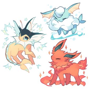 alternate_element animal_focus antennae bad_id bad_twitter_id charamells closed_eyes closed_mouth fins flareon gen_1_pokemon highres jolteon nintendo no_humans pokemon pokemon_(creature) red_fur simple_background sparkle vaporeon white_background