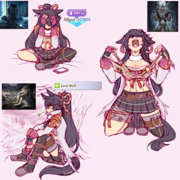 1girl animal_ears bandaged_leg bandages bike_shorts bike_shorts_under_skirt black_skirt black_thighhighs breasts cellphone cleavage coat commentary drachen_ivy english_commentary horse_ears horse_girl horse_tail long_hair meme meme_request miniskirt mood_(umamusume) mouth_hold multiple_views narita_brian_(maverick)_(umamusume) narita_brian_(umamusume) open_clothes open_coat open_mouth phone plaid_clothes plaid_skirt pleated_skirt profile reference_inset single_thighhigh sitting sitting_wolf_(meme) skirt smartphone stalk_in_mouth tail tearing_clothes thighhighs torn_clothes torn_coat umamusume very_long_hair white_coat