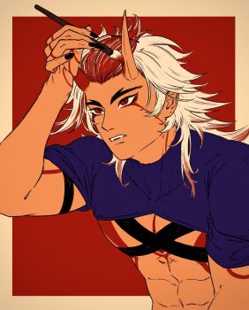 1boy abs arataki_itto bangs_pinned_back body_markings bodypaint colored_inner_hair forehead forked_eyebrows genshin_impact highres horns link_rui long_hair male_focus multicolored_hair outside_border pectorals red_background red_eyes red_hair red_horns slit_pupils solo teeth thick_eyebrows two-tone_hair tying_hair upper_body white_hair