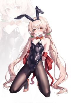 1girl absurdres animal_ears black_hairband black_leotard blush bow bowtie breasts brown_pantyhose fake_animal_ears gam_gyuri hair_between_eyes hairband high_heels highres indie_virtual_youtuber leotard long_hair medium_breasts open_mouth orange_bow orange_bowtie orange_eyes orange_hair orange_shoes pantyhose rabbit_ears red_ribbon ribbon shibari shoes solo ugwa virtual_youtuber white_background zoom_layer