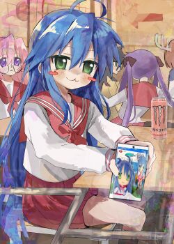 5girls :3 absurdres ahoge black_hair blue_hair blush blush_stickers cellphone chair chromatic_aberration classroom deer_girl desk glasses green_eyes hair_between_eyes highres hiiragi_kagami holding holding_phone izumi_konata jacket kagana_helsuki kuroki_tomoko long_hair looking_at_viewer lucky_star meme mole mole_under_eye monster_energy multiple_girls neckerchief on_chair phone pink_hair pink_neckerchief pink_sailor_collar pink_skirt pleated_skirt purple_eyes purple_hair ryouou_school_uniform sailor_collar school_desk school_uniform serafuku shikanoko_noko shikanoko_nokonoko_koshitantan skirt smartphone smile takara_miyuki twintails very_long_hair watashi_ga_motenai_no_wa_dou_kangaetemo_omaera_ga_warui! yellow_jacket