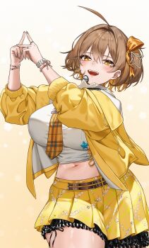 1girl absurdres ahoge anis_(nikke) anis_(star)_(t.t._star)_(nikke) black_shorts blush breasts brown_hair cheek_tattoo commentary cropped_shirt facial_mark goddess_of_victory:_nikke headset highres idol jacket jewelry large_breasts looking_at_viewer midriff navel necktie official_alternate_costume open_mouth pixel_(yuxian) plaid_clothes plaid_necktie shirt short_hair shorts shorts_under_skirt skirt smile star_(symbol) star_facial_mark tattoo teeth upper_teeth_only white_shirt yellow_jacket yellow_necktie yellow_skirt
