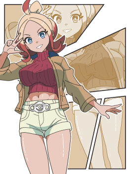 1girl belt blonde_hair blue_eyes breasts brown_jacket gradient_hair hair_bun highres jacket kanbei_(pixiv11037490) large_breasts long_sleeves looking_at_viewer midriff multicolored_hair multiple_views navel nintendo open_clothes open_jacket open_mouth pink_hair pokemon pokemon_legends:_z-a red_hair red_shirt ribbed_shirt shirt shorts smile solo taunie_(pokemon) turtleneck two-tone_hair