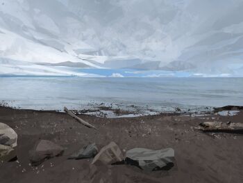 absurdres branch cloud cloudy_sky commentary day grey_sky highres horizon landscape mountainous_horizon nature no_humans original outdoors painterly rock scenery shore sky stick surf symbol-only_commentary twulfs water