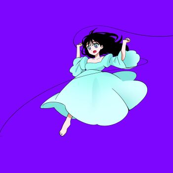 1girl alien_stage barefoot black_hair commentary dress english_commentary falling highres long_dress long_sleeves mirdilean official_alternate_costume official_alternate_hair_length official_alternate_hairstyle open_mouth puffy_sleeves purple_background purple_eyes simple_background solo sua_(alien_stage) white_dress