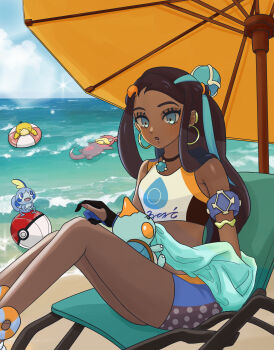 1girl :o absurdres aqua_eyes aqua_hair armlet ball beach beach_umbrella beachball bike_shorts black_hair chewtle cloud commentary_request dark-skinned_female dark_skin day earclip earrings gen_1_pokemon gen_8_pokemon gloves hair_bun highres hoop_earrings jewelry legs long_hair multicolored_hair necklace nessa_(pokemon) nintendo open_mouth outdoors partially_fingerless_gloves poke_ball_print pokemon pokemon_swsh pokko_(mochimochi_poyo) psyduck sand shore single_hair_bun sitting sky slowpoke sobble towel two-tone_hair umbrella