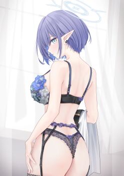 Rule 34 | 1girl, aoi (blue archive), ass, blue archive, blue hair, bra, commentary request, earclip, from behind, garter belt, halo, highres, lace, lace-trimmed bra, lace-trimmed panties, lace trim, looking at viewer, mole, mole under eye, panties, pointy ears, sarasadou dan, sideways glance, solo, underwear, underwear only