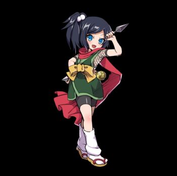 Rule 34 | bike shorts, black background, black hair, blue eyes, blush, bow, fang, fishnet top, fishnets, full body, green kimono, hand on own hip, hand up, holding, holding kunai, holding weapon, iroha (merc storia), japanese clothes, kimono, kunai, long scarf, merc storia, merc storia art team, ninja, official art, open mouth, red scarf, scarf, short kimono, short sleeves, side ponytail, sidelocks, simple background, sleeveless, sleeveless kimono, smile, socks, solo, standing, tachi-e, v-shaped eyebrows, waraji, weapon, white socks, yellow bow