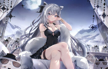 1girl absurdres black_dress black_ribbon blue_eyes braid braided_bangs breasts cleavage commentary cone_hair_bun crossed_legs double-parted_bangs double_bun dress elphe frilled_dress frills full_moon fur_shawl grey_hair hair_bun hair_ribbon halterneck hand_up highres hololive hololive_indonesia long_hair looking_at_viewer medium_breasts moon ribbon shawl short_dress sitting sleeveless sleeveless_dress solo spaghetti_strap thigh_strap two_side_up very_long_hair vestia_zeta virtual_youtuber white_shawl