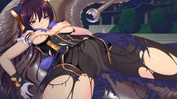 1girl black_pantyhose blush breasts game_cg genseishinki_sacred_virth gloves large_breasts large_variant_set long_hair lying magical_girl nipples non-web_source official_art panties panties_under_pantyhose pantyhose purple_eyes purple_hair sacred_noire solo torn_clothes torn_pantyhose underwear variant_set yuugure_pairo yuuki_setsu