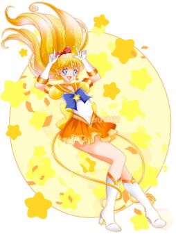 aino_minako back_bow bishoujo_senshi_sailor_moon blonde_hair blue_bow blue_bowtie blue_eyes boots bow bowtie brooch choker elbow_gloves floating_hair gloves high_heel_boots high_heels highres jewelry layered_skirt lips long_hair orange_choker orange_sailor_collar orange_skirt orange_sleeves pointing pointing_up puffy_short_sleeves puffy_sleeves red_bow sailor_collar sailor_venus shirt short_sleeves skirt smile star_(symbol) star_brooch star_choker super_sailor_venus_(stars) teruhii white_boots white_gloves white_shirt yellow_bow