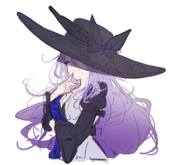 Rule 34 | 1girl, black bow, black dress, black hat, blue dress, blue eyes, bow, commentary request, dress, fingernails, hair between eyes, hand up, hat, hat bow, highres, honkai: star rail, honkai (series), jade (honkai: star rail), juliet sleeves, long fingernails, long hair, long sleeves, looking at viewer, multicolored dress, newtec729, one-hour drawing challenge, puffy sleeves, purple hair, purple nails, simple background, smile, solo, teeth, upper body, wavy hair, white background, white dress, wide sleeves