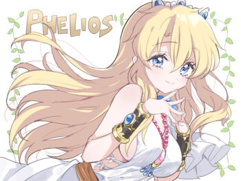 1girl artemis_(phelios) bare_shoulders belt blonde_hair blue_eyes bracer breasts brown_belt closed_mouth copyright_name dress gem hair_between_eyes hands_up jewelry long_hair medium_breasts necklace pearl_necklace phelios red_gemstone sideboob sidelocks solo steepled_fingers tiara upper_body white_dress yukiwo