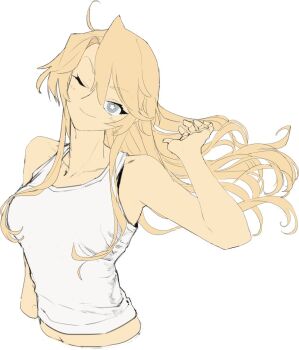 1girl ahoge bad_id bad_twitter_id bare_shoulders blonde_hair blue_eyes breasts closed_mouth cropped_shirt cropped_torso hageshii_nakano hair_between_eyes hand_up highres image_sample inactive_account iowa_(kancolle) kantai_collection large_breasts long_hair looking_at_viewer midriff one_eye_closed shirt sleeveless sleeveless_shirt smile solo star-shaped_pupils star_(symbol) symbol-shaped_pupils twitter_sample upper_body white_background white_shirt