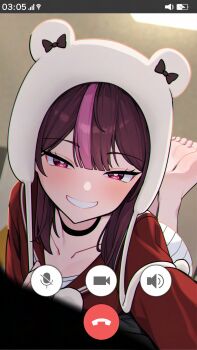 1girl absurdres animal_hood barefoot black_choker blush bow brown_hair choker collarbone fake_phone_screenshot fake_screenshot feet feet_up grin highres hood jirari jururu korean_commentary long_hair long_sleeves looking_at_viewer lying multicolored_hair on_stomach pink_hair pleated_skirt purple_eyes purple_hair red_shirt sailor_collar school_uniform selfie shirt skirt smile soles solo streaked_hair the_pose toes viewfinder virtual_youtuber waktaverse white_skirt