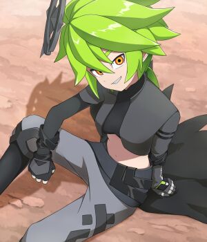 1girl aotu_world arm_strap belt black_belt black_boots black_cape black_gloves black_jacket black_shirt boots breasts cape crop_top cropped_jacket fang genderswap genderswap_(mtf) gloves green_hair grey_pants grin hair_between_eyes halo highres jacket jewelry knee_up long_hair long_sleeves looking_at_viewer low_ponytail medium_breasts midriff multicolored_eyes multiple_rings navel pants ponytail red_eyes ring shadow shirt sitting smile solo teeth user_kkya5245 waist_cape xander_(aotu_world) yellow_eyes