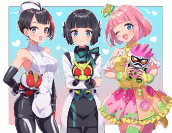 Rule 34 | 3girls, android, animification, black eyes, black hair, blue eyes, character doll, chibi, doll, elbow gloves, gloves, headphones, highres, holding, holding toy, humagear headphones, is (kamen rider 01), kamen rider, kamen rider 01 (series), kamen rider den-o, kamen rider den-o (series), kamen rider ex-aid, kamen rider ex-aid (series), kamen rider zero-one, multicolored hair, multiple girls, nail polish, naomi (kamen rider den-o), one eye closed, pink hair, poppi pipopapo, shinonoko (tubamecider), short hair, streaked hair, stuffed toy, toy