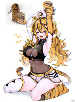 1girl absurdres animal_ears animal_hands black_hair breasts character_request cleavage fangs gloves haze_(7h4ze) highres indie_virtual_youtuber large_breasts long_hair looking_at_viewer multicolored_hair navel one_eye_closed orange_hair paw_gloves reference_inset see-through_clothes skirt streaked_hair stretching tail tiger tiger_ears tiger_girl tiger_tail virtual_youtuber waking_up white_background white_skirt yawning zipper