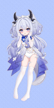1girl abby_(azur_promilia) absurdres azur_promilia blue_eyes chinese_commentary commentary_request daoyan dragon_girl dragon_horns dress elbow_gloves full_body gloves grey_hair highres horns legs leotard long_hair navel no_shoes solo tail thighhighs thighs twintails two_side_up white_gloves white_leotard white_thighhighs