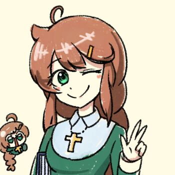 1girl 4chan ;) ahoge blush braid breasts brown_hair christ-chan christianity closed_mouth collared_dress cross dress green_dress green_eyes hair_ornament hand_up holding latin_cross long_sleeves looking_at_viewer numenoko one_eye_closed open_mouth religion simple_background sleeve_cuffs smile solo tan_tan_pou upper_body v yellow_background
