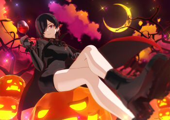 1girl 3d bare_tree bat_hair_ornament black_boots black_dress black_hair boots breasts cape cloud cowboy_shot crescent crossed_legs cup dress drinking_glass from_below fur_collar gloves hair_ornament hair_over_one_eye halloween halloween_costume happy_halloween jack-o&#039;-lantern large_breasts looking_at_viewer moon multicolored_hair nanyou_subaru night night_sky on_pumpkin parted_lips pencil_skirt pole_princess!! pumpkin purple_eyes red_cape red_hair short_hair sitting skirt sky smile solo streaked_hair teeth thighs tree vampire vampire_costume wine_glass