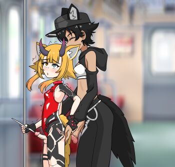 2futa ^_^ absurdres anal_fingering animal_ears bare_shoulders black_hair blonde_hair blue_eyes blurry blurry_background breasts closed_eyes clothing_aside cropped_hoodie cum ejaculating_while_penetrated ejaculation erection fingering fingering_from_behind fingerless_gloves fox_ears fox_girl fox_tail futa_with_futa futanari gloves handsfree_ejaculation heterochromia highleg highleg_leotard highres holding_another&#039;s_wrist hood hoodie horns large_penis latex latex_leotard leg_tattoo leotard macey multiple_futa older_female_and_younger_female orange_eyes orgasm pants penis penis_size_difference phantasy_star phantasy_star_online_2 public_indecency sarayah size_difference small_breasts small_penis small_testicles sports_bra sweatpants tail tattoo testicles tomboy train train_interior wolf_ears wolf_girl wolf_tail x-ray yiku1707