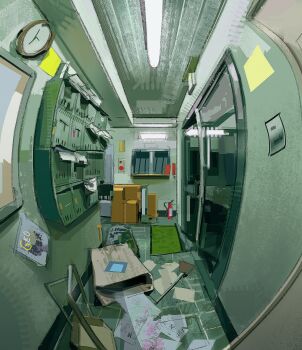 box cabinet cardboard_box ceiling clock fire_extinguisher fisheye fluorescent_lamp glass_door highres indoors mat messy_room no_humans office original paper photoshop_(medium) poster_(object) ramon_nunez scenery shelf sticky_note tile_floor tiles trash_can