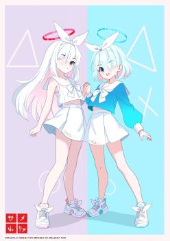 2girls absurdres alternate_color alternate_costume arona_(blue_archive) artist_name bilingual_commentary blue_archive blue_background blue_eyes blue_hair blue_halo blue_shirt blunt_bangs blush bow bow_hairband bowtie clenched_hand closed_mouth colored_inner_hair commentary commission cross-laced_shoes footwear_bow frown full_body grey_eyes hair_bow hair_over_one_eye hairband halo hand_up highres holding_hands interlocked_fingers long_bangs long_hair long_sleeves looking_at_viewer melissa_v2 midriff_peek miniskirt mixed-language_commentary multicolored_hair multiple_girls one_eye_covered open_mouth pink_background pink_hair plana_(blue_archive) pleated_skirt puffy_long_sleeves puffy_sleeves red_halo shirt shoes short_hair sidelocks simple_background skirt sleeveless sleeveless_shirt smile sneakers split_mouth standing straight_hair tareme two-tone_background two-tone_hair very_long_hair white_bow white_bowtie white_hair white_hairband white_shirt white_shoes white_skirt