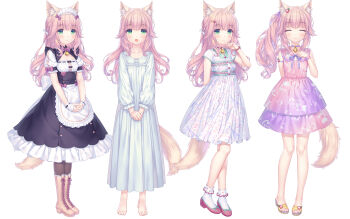 1girl :d absurdres alternate_hairstyle animal_ear_fluff animal_ears ankle_socks apron arm_behind_back arm_strap armband back_bow barefoot bell blue_bow blue_nightgown blue_pajamas blue_ribbon blush boots bow braid breasts buttons cat_ears cat_girl cat_tail character_name choker closed_eyes closed_mouth clothes_writing collar collarbone dress dress_writing feet flats food-themed_clothes food-themed_hair_ornament food_print fraise_(nekopara) frilled_nightgown frilled_pajamas frilled_socks frills fruit_hair_ornament fruit_print gold_bell green_eyes green_ribbon hair_bow hair_down hair_ornament hair_ribbon hair_scrunchie hairclip heart heart_button heart_print highres lace-up_boots long_dress long_sleeves maid maid_apron maid_headdress multicolored_dress multicolored_scrunchie multicolored_wristband multiple_views nail_polish name_tag neck_bell nekopara nightgown open_mouth outfits own_hands_together pajamas pantyhose pink_boots pink_bow pink_choker pink_collar pink_hair pink_nails polka_dot polka_dot_shoes ponytail print_dress print_socks purple_choker purple_collar purple_ribbon red_choker red_collar red_shoes reference_sheet ribbon sayori_(neko_works) scrunchie shoes short_sleeves side_ponytail single_wrist_cuff sleeveless slit_pupils small_breasts smile socks straight-on strawberry_print tail toenail_polish toenails waist_apron watch wavy_hair white_apron white_bow white_polka_dots white_ribbon white_socks white_wrist_cuffs wrist_cuffs wrist_scrunchie wristband wristwatch yellow_nails