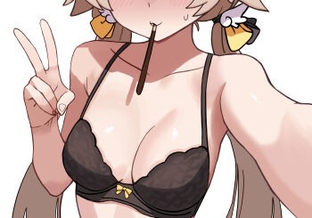 1girl absurdres bare_arms black_bra blue_archive blush bow bow_bra bra breasts brown_hair commentary_request food food_in_mouth hair_ornament hifumi_(blue_archive) highres korean_commentary long_hair medium_breasts neugneugsusu pocky pocky_in_mouth reaching reaching_towards_viewer selfie simple_background solo sweatdrop twintails underwear v white_background wing_hair_ornament