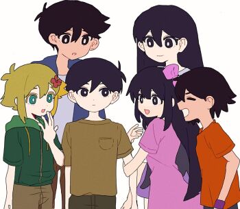 2girls 4boys :d :o ^_^ aged_down antenna_hair arm_at_side aubrey_(faraway)_(omori) aubrey_(omori) basil_(faraway)_(omori) basil_(omori) black_eyes black_hair blue_jacket bow bright_pupils brother_and_sister brothers brown_pants brown_shirt closed_eyes closed_mouth colored_eyelashes cowboy_shot dot_nose double-parted_bangs drawstring eye_contact facing_another flat_color flower frown green_eyes green_jacket grin hair_behind_ear hair_between_eyes hair_bow hair_flower hair_ornament hand_on_own_chin hand_up hero_(faraway)_(omori) hero_(omori) hood hood_down jacket kel_(faraway)_(omori) kel_(omori) long_hair looking_at_another mari_(faraway)_(omori) mari_(omori) multiple_boys multiple_girls omori open_clothes open_jacket open_mouth orange_shirt pants pink_bow pink_shirt pocket profile red_flower shirt short-sleeved_jacket short_hair short_sleeves siblings sidelocks simple_background smile standing straight_hair sunny_(omori) t-shirt tokkooyaku white_background white_pupils white_shirt wristband