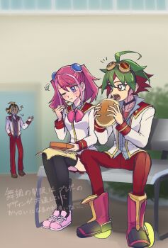Rule 34 | 1girl, 2boys, bench, blue eyes, boots, burger, chair, chopsticks, commentary request, food, goggles, goggles on head, green hair, highres, hiiragi yuzu, holding, holding burger, holding chopsticks, holding food, jacket, multicolored hair, multiple boys, on chair, open mouth, pink hair, red boots, red eyes, red hair, sakaki yuya, sawatari shingo, school uniform, sitting, two-tone hair, white jacket, yu-gi-oh!, yu-gi-oh! arc-v, zhu shu