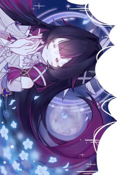 1girl bare_shoulders black_hair blue_background blue_flower bow closed_eyes closed_mouth columbina_(genshin_impact) dress eye_mask flower genshin_impact hair_ornament hair_ribbon hashtag-only_commentary highres long_hair mask multicolored_hair onppu own_hands_together pink_hair ribbon see-through_clothes see-through_mask sparkle two-tone_hair white_bow white_dress white_ribbon wing_hair_ornament